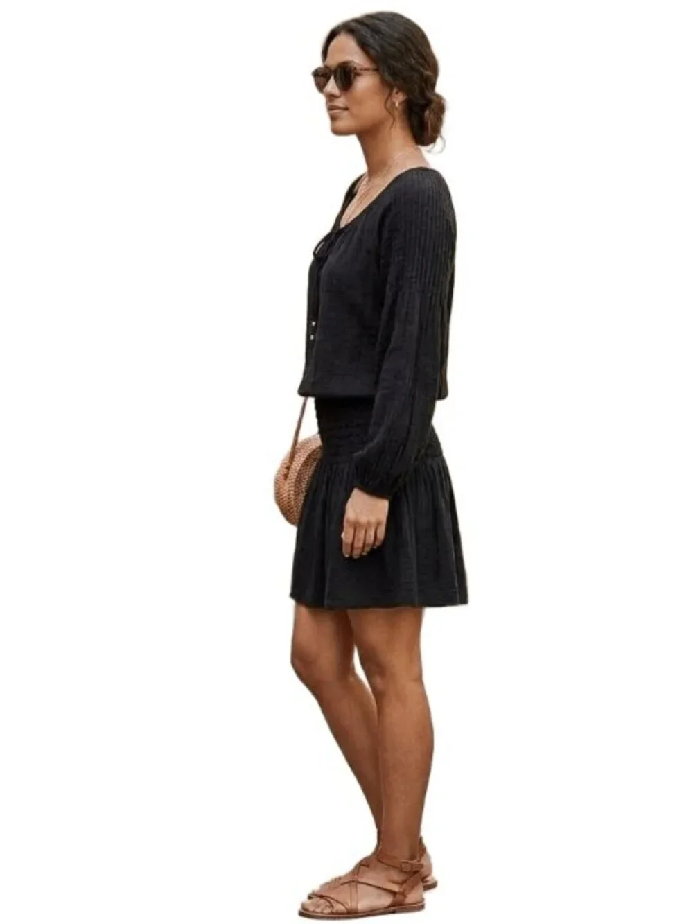Free People Moonlight Drive Smocked Mini Dress Gauze Boho Long Sleeves Black XS